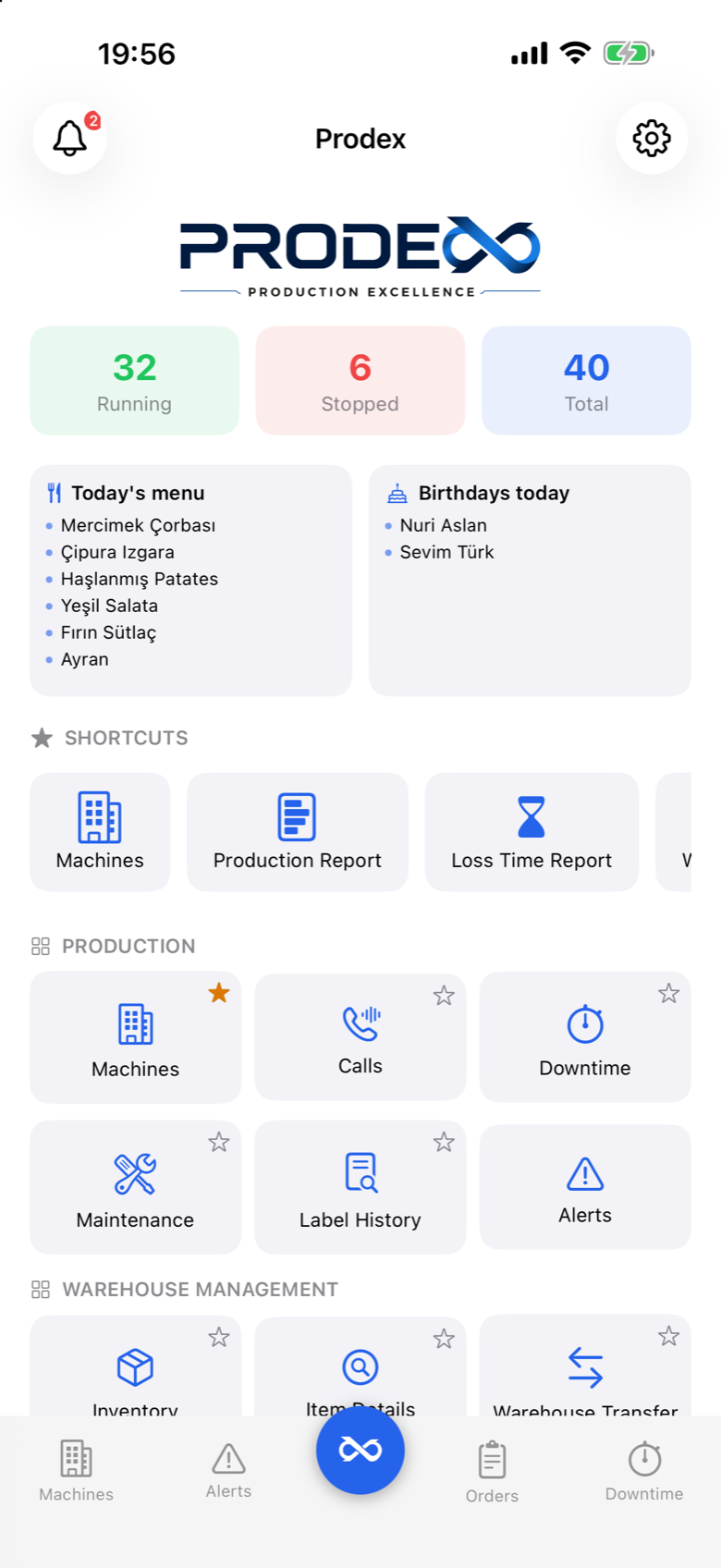 Prodex Mobile home screen with module tiles