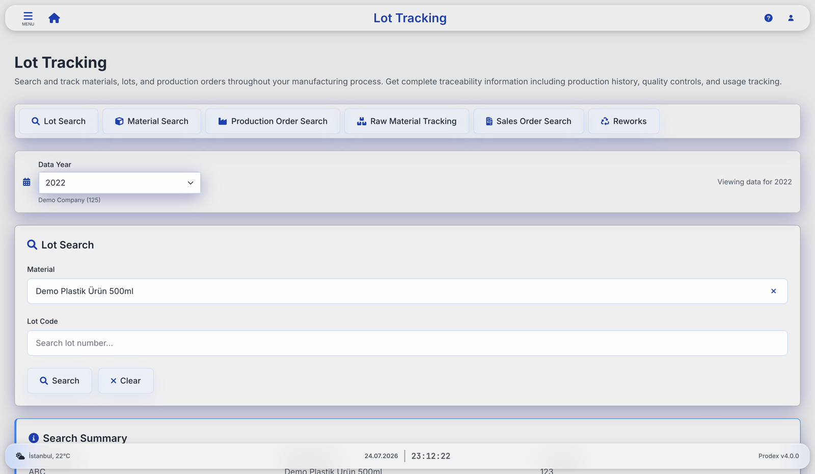 Prodex lot tracking with six search modes
