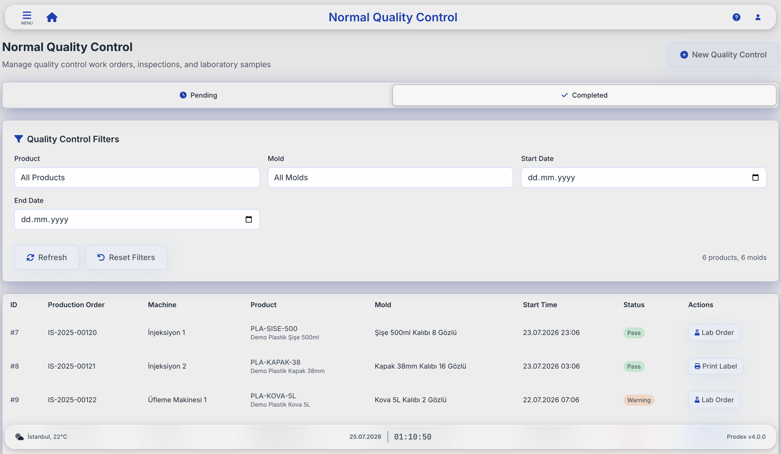 Prodex quality control work orders with pass, warning and fail statuses